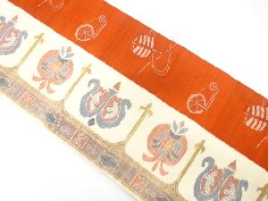 手織り紬　花更紗に糸車模様織り出し　名古屋帯